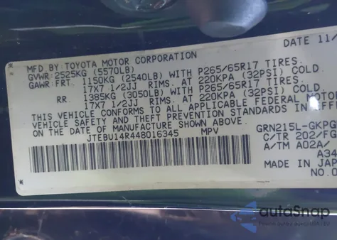 2004 Toyota 4Runner Sr5 V6 from USA, damaged, VIN JTEBU14R448016345